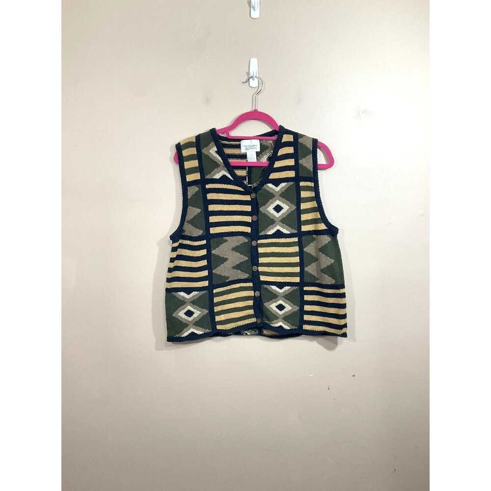 VTG Christopher & Banks Womens Striped Patchwork Sweater Vest L Beige Green 90s